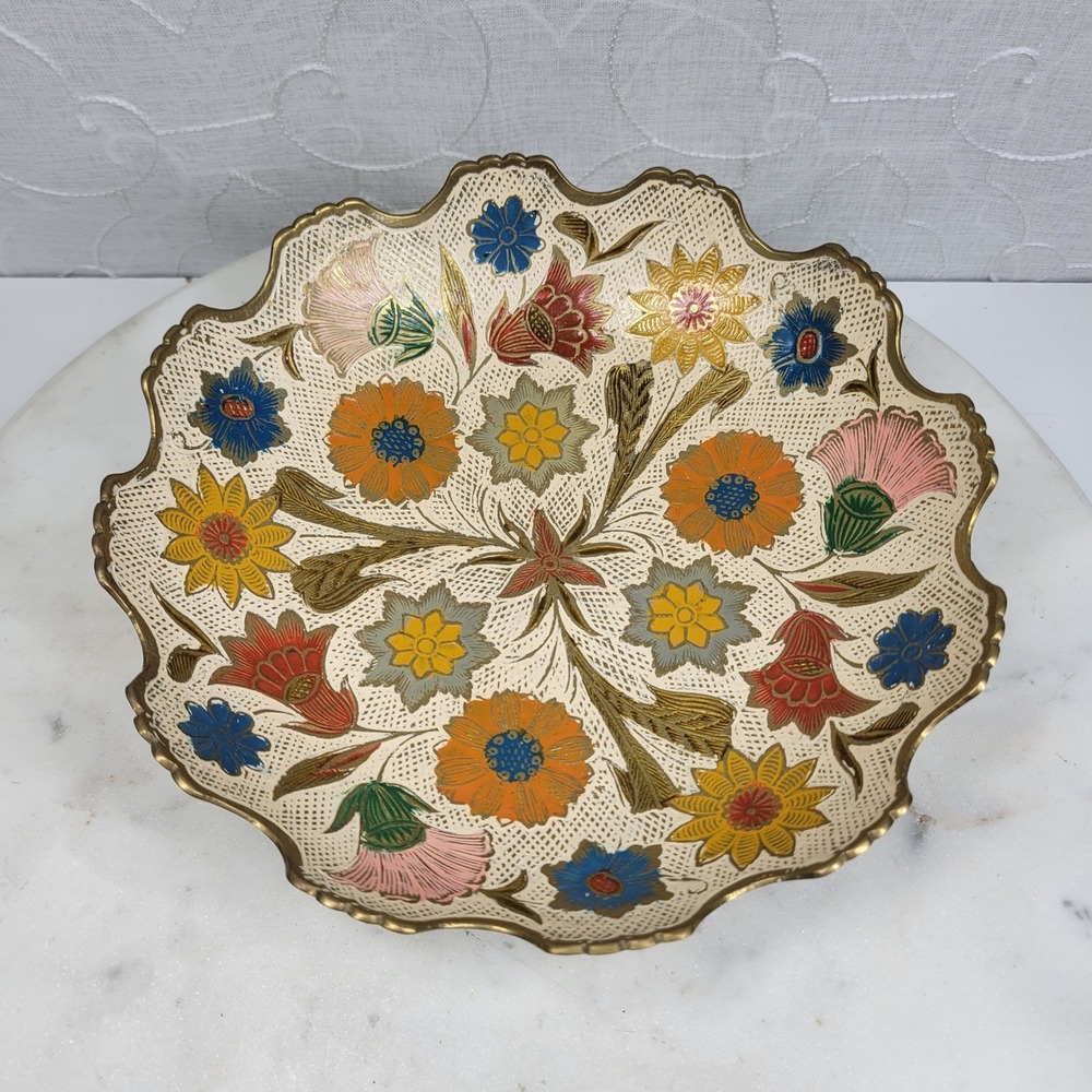 Hand Painted Brass Pedestal Bowl Trinket Floral Catch All Scalloped Rim Vintage - Picture 2 of 16